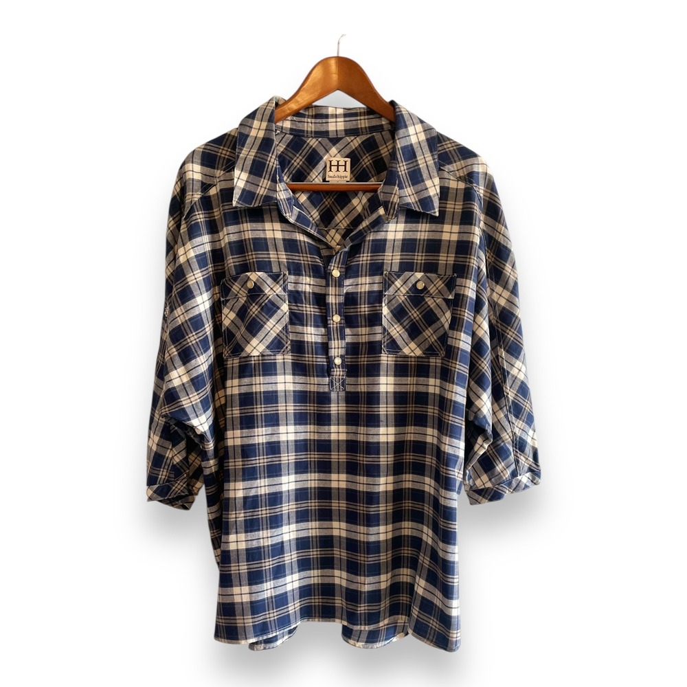 Haute Hippie Navy Blue Plaid Pullover Top Pearl Snaps Dolman Sleeve Large
